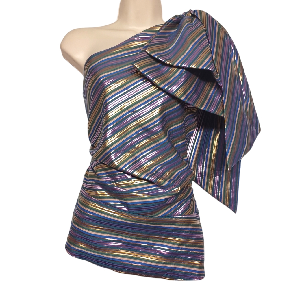 ZARA Metallic Gold Purple Green Stripe Print One Shoulder Bow Top Small